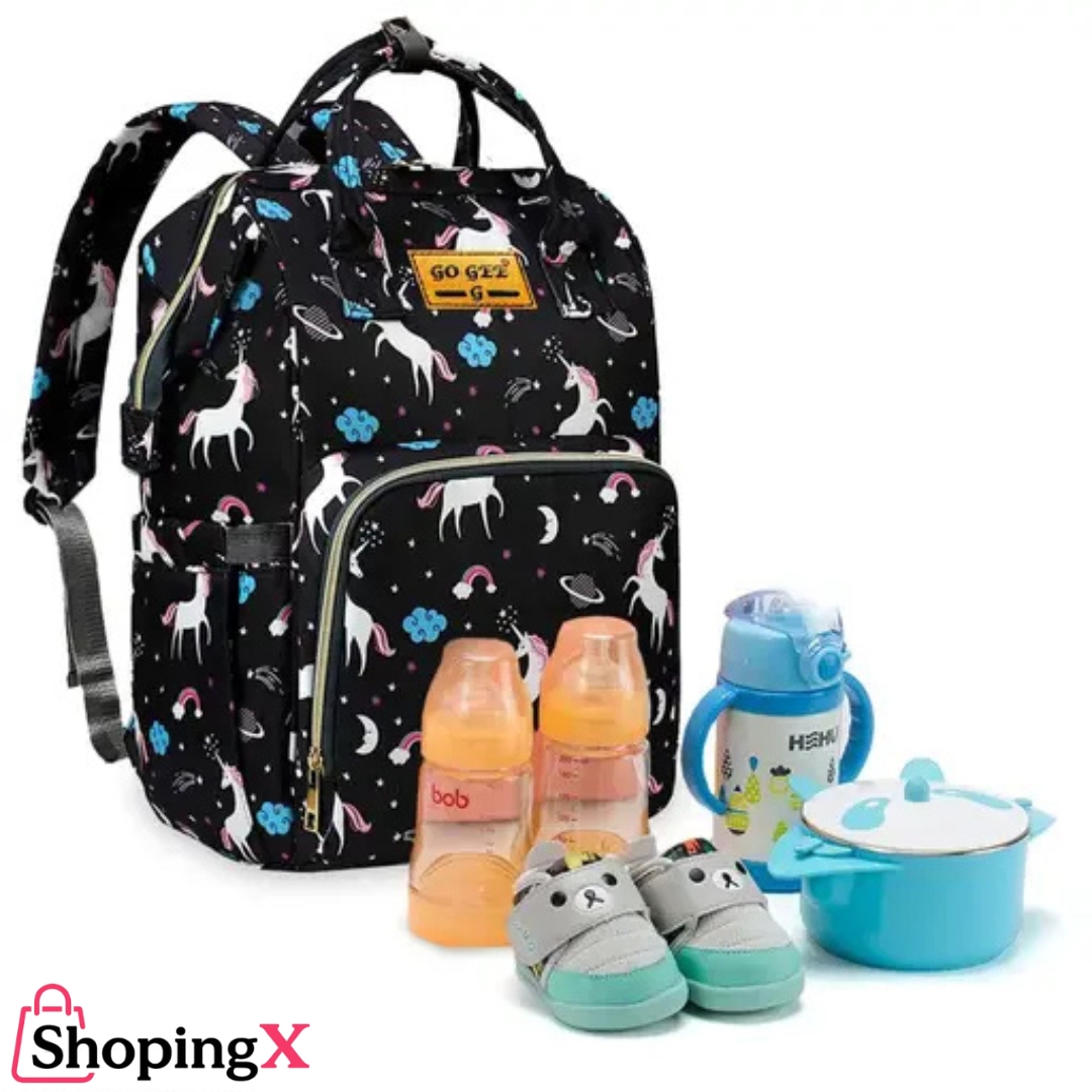 Black unicorn print baby boy diaper bag with feeding accessories