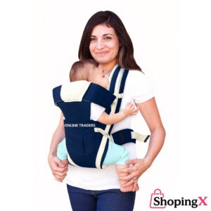 Mother carrying baby in navy blue and beige ergonomic baby carrier