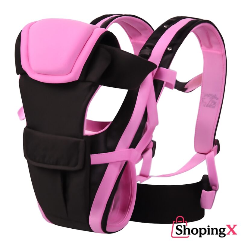 Black and pink baby carrier backpack with padded shoulder straps and waist support