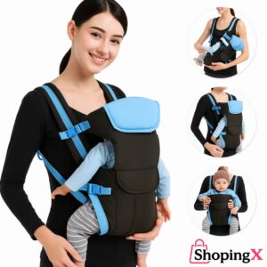 Adjustable baby carrier wrap in black and blue with multiple carry positions
