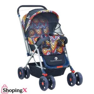 Colorful patterned baby car carrier stroller with canopy and dual front wheels