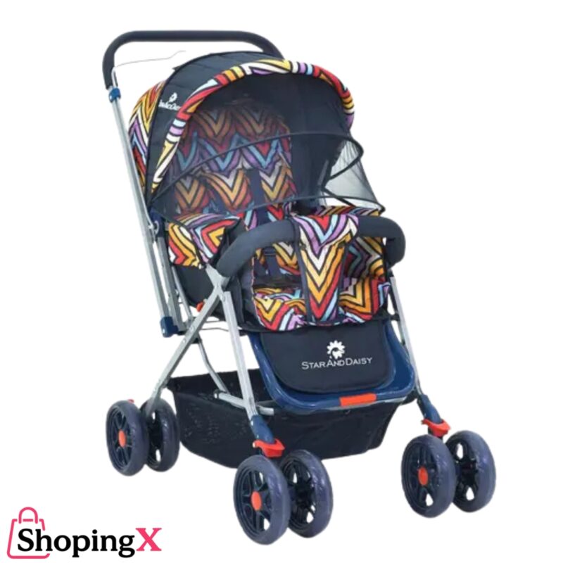 Colorful patterned baby car carrier stroller with canopy and dual front wheels