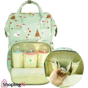 Pastel green baby girl diaper bag with insulated bottle holders