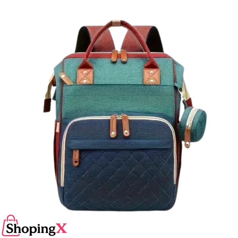 Large multicolor baby diaper backpack with quilted front and bottle pouch