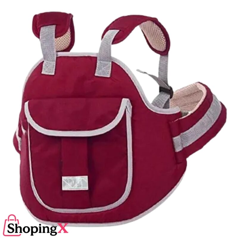 Red bike baby carrier harness with shoulder and waist straps