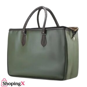 Elegant green leather baby diaper bag with dark brown handles