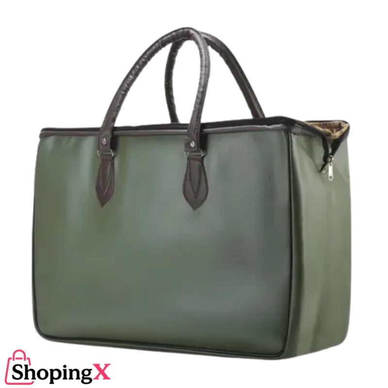 Elegant green leather baby diaper bag with dark brown handles