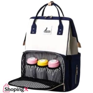 White and navy luxury baby diaper bag with insulated bottle pockets and striped interior