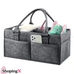 Compact grey felt small baby diaper bag with pockets and baby essentials