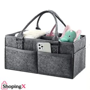 Compact grey felt small baby diaper bag with pockets and baby essentials