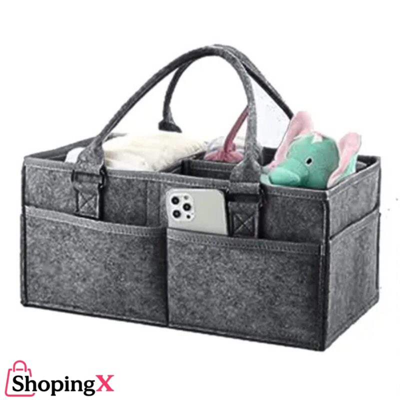 Compact grey felt small baby diaper bag with pockets and baby essentials