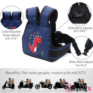 Soul baby carrier with red dinosaur design, adjustable straps for motorcycle use