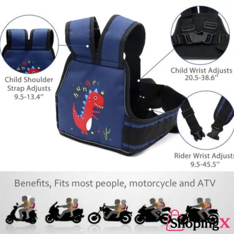 Soul baby carrier with red dinosaur design, adjustable straps for motorcycle use