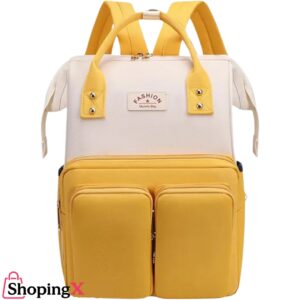 Yellow and white stylish baby diaper backpack with twin front pockets