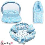 The Baby Nest multipurpose bedding set in blue with mosquito net and baby sleeping bag