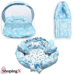 The Baby Nest multipurpose bedding set in blue with mosquito net and baby sleeping bag